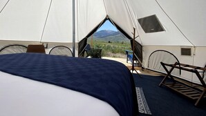 A tent with a bed, a chair, and a view of the outdoors.