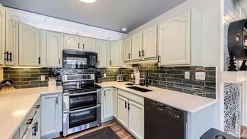 Microwave, stovetop, dishwasher, coffee/tea maker