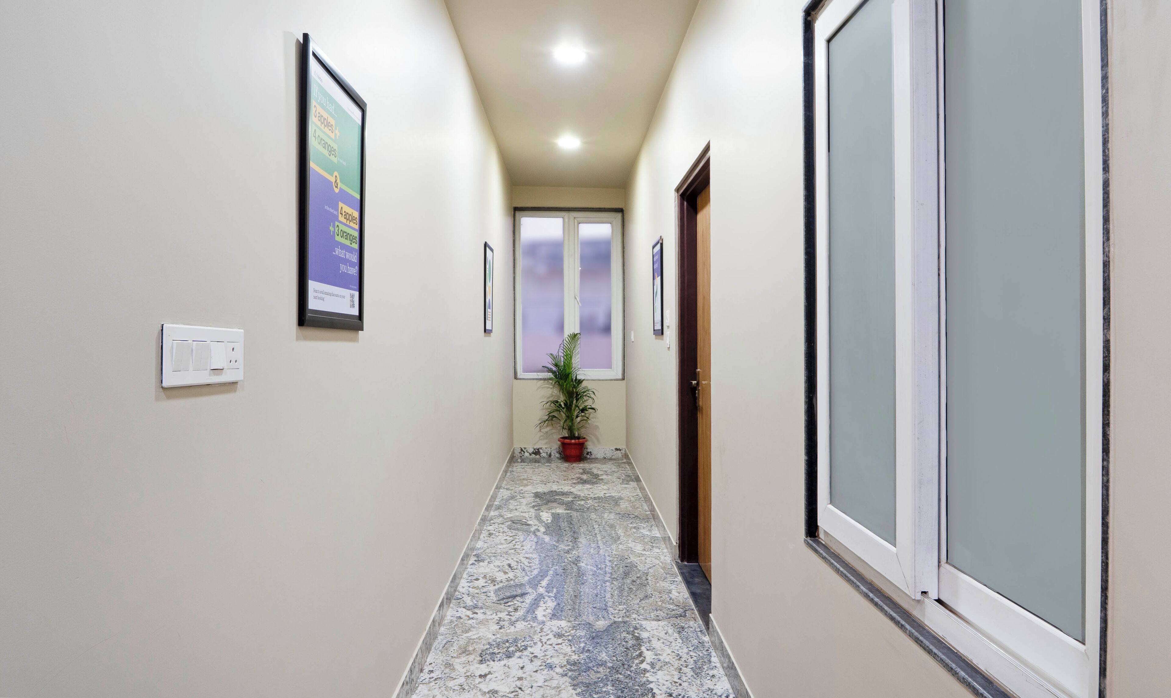 A hallway with a potted plant, a framed poster, and a light switch on the wall.