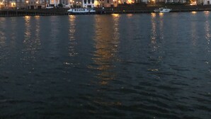 Eine Uferlandschaft mit einem markanten Turm und historischen Gebäuden am Fluss.
