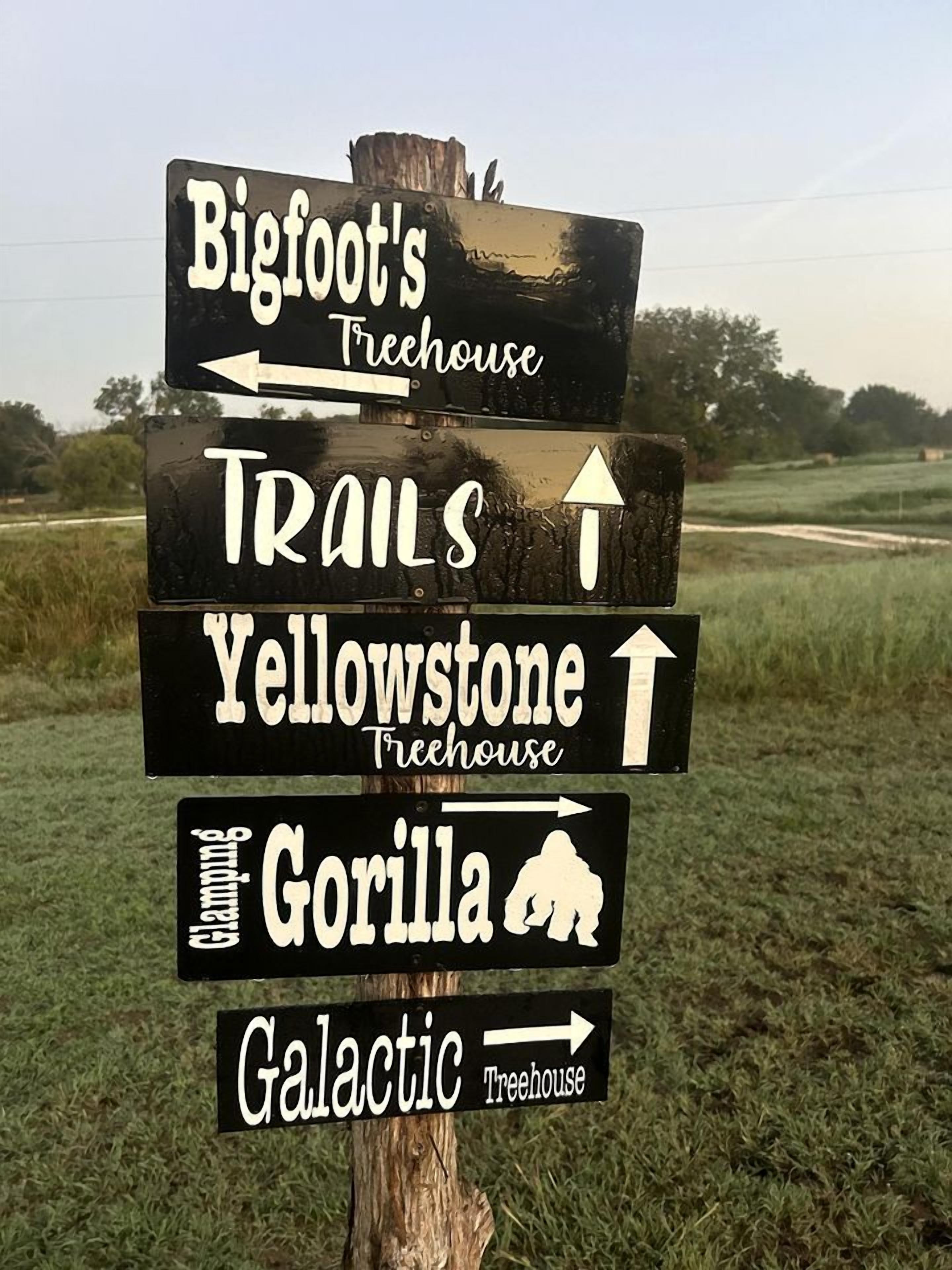 A directional sign with multiple arrows pointing to different destinations such as Bigfoot's Treehouse, Trails, Yellowstone Treehouse, Gorilla, and Galactic Treehouse.