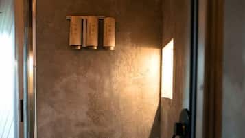 Hair dryer, towels, soap, shampoo