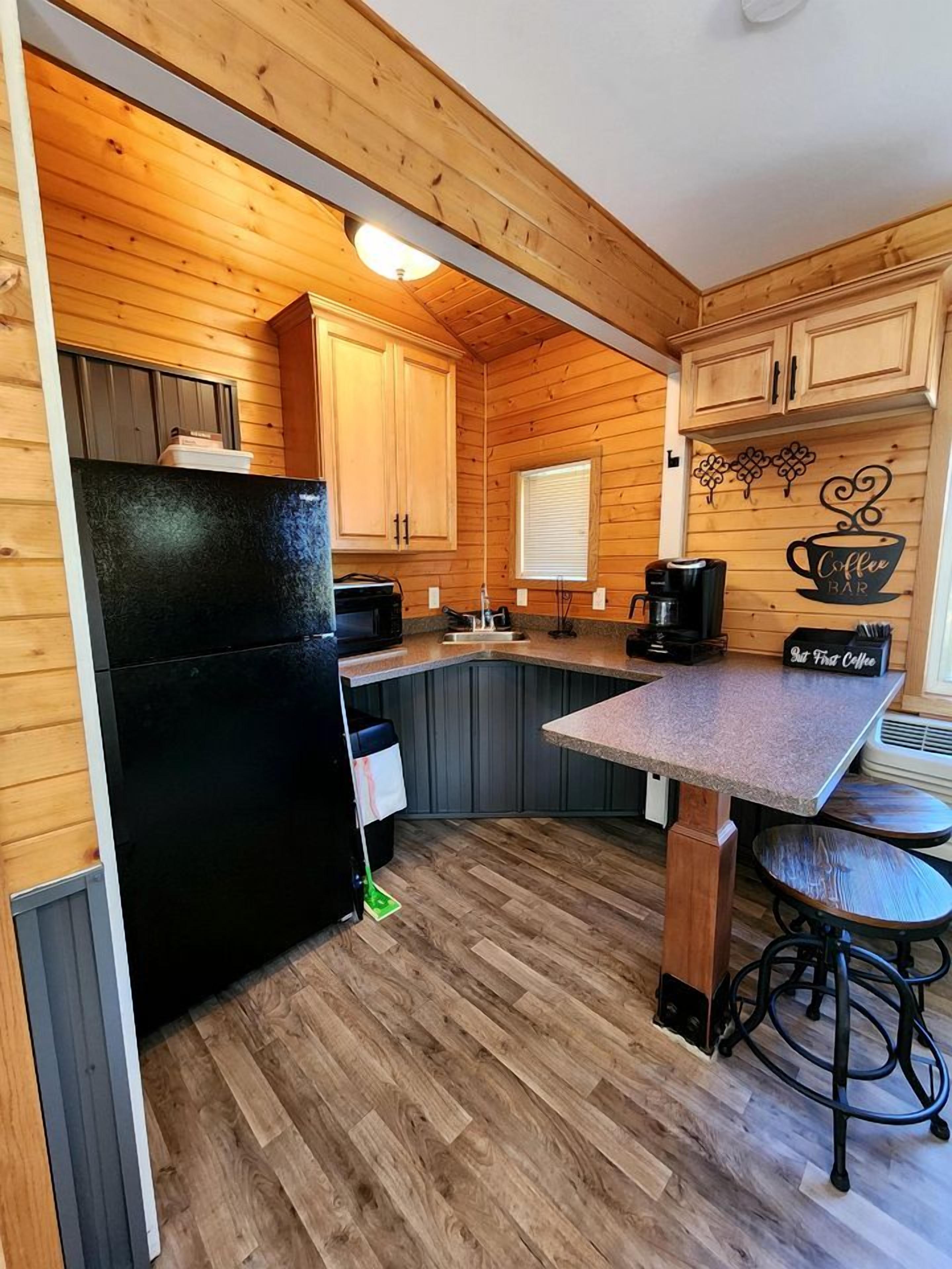 Coffee/tea maker, fridge, microwave, toaster