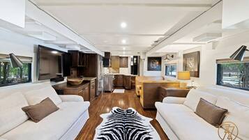 Televisio, takka, pöytätennispöytä