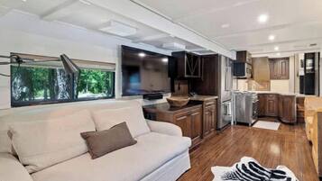 A modern RV interior with a sofa, kitchen area, and a zebra-patterned rug.