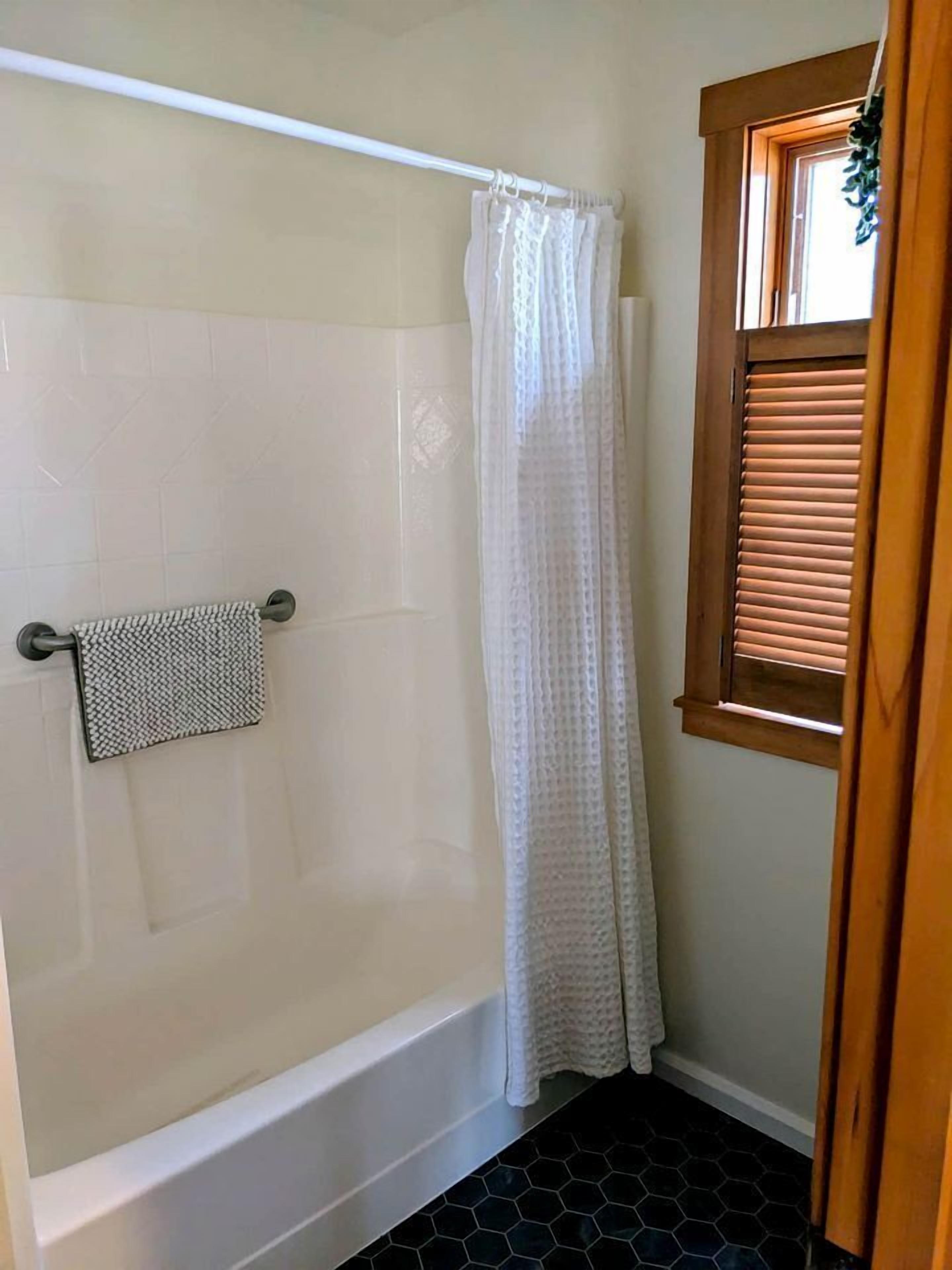 Hair dryer, towels, soap, shampoo