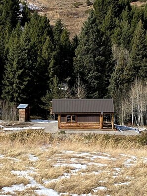 A cabin with a metal roof, wooden walls, and a small attached shed. - Trapper's Cabin on Firetower Ranch in Ennis, MT (Ennis)