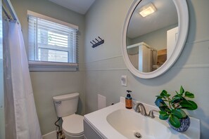 Hair dryer, towels, soap, shampoo
