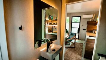 Hair dryer, towels, soap, shampoo