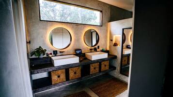 Hair dryer, towels, soap, shampoo