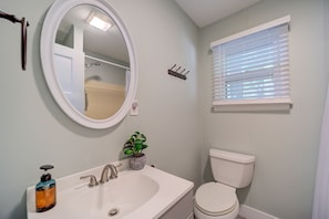 Hair dryer, towels, soap, shampoo