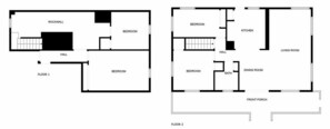 Two floor plans of a building with multiple bedrooms, a kitchen, a dining room, a bathroom, a living room, a front porch, and a hall. - Lovely Beach House Rental in Coastal Michigan, for Memorable Getaways to Muskegon (Muskegon)