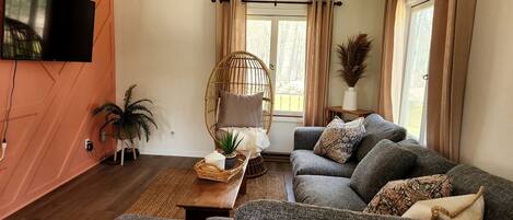 A living room with a sofa, a television, a window with curtains, and a plant.