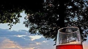 A glass of red beverage on a wooden surface with a beach and ocean view in the background. - Lovely Beach House Rental in Coastal Michigan, for Memorable Getaways to Muskegon (Muskegon)