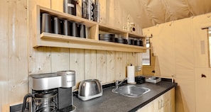 Fridge, microwave, coffee/tea maker, toaster