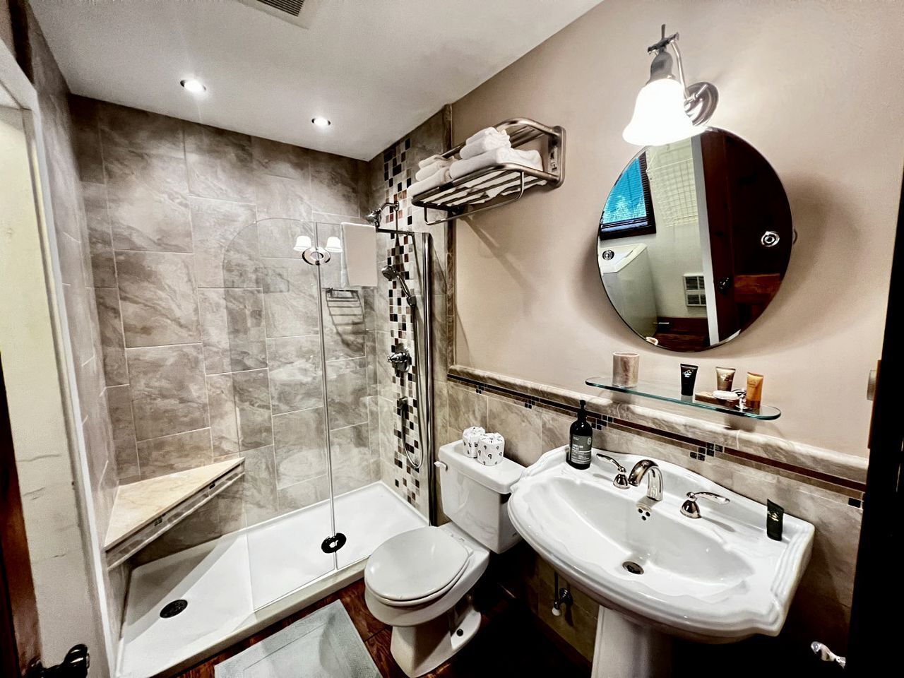 Hair dryer, towels, soap, shampoo