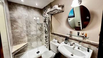 Hair dryer, towels, soap, shampoo