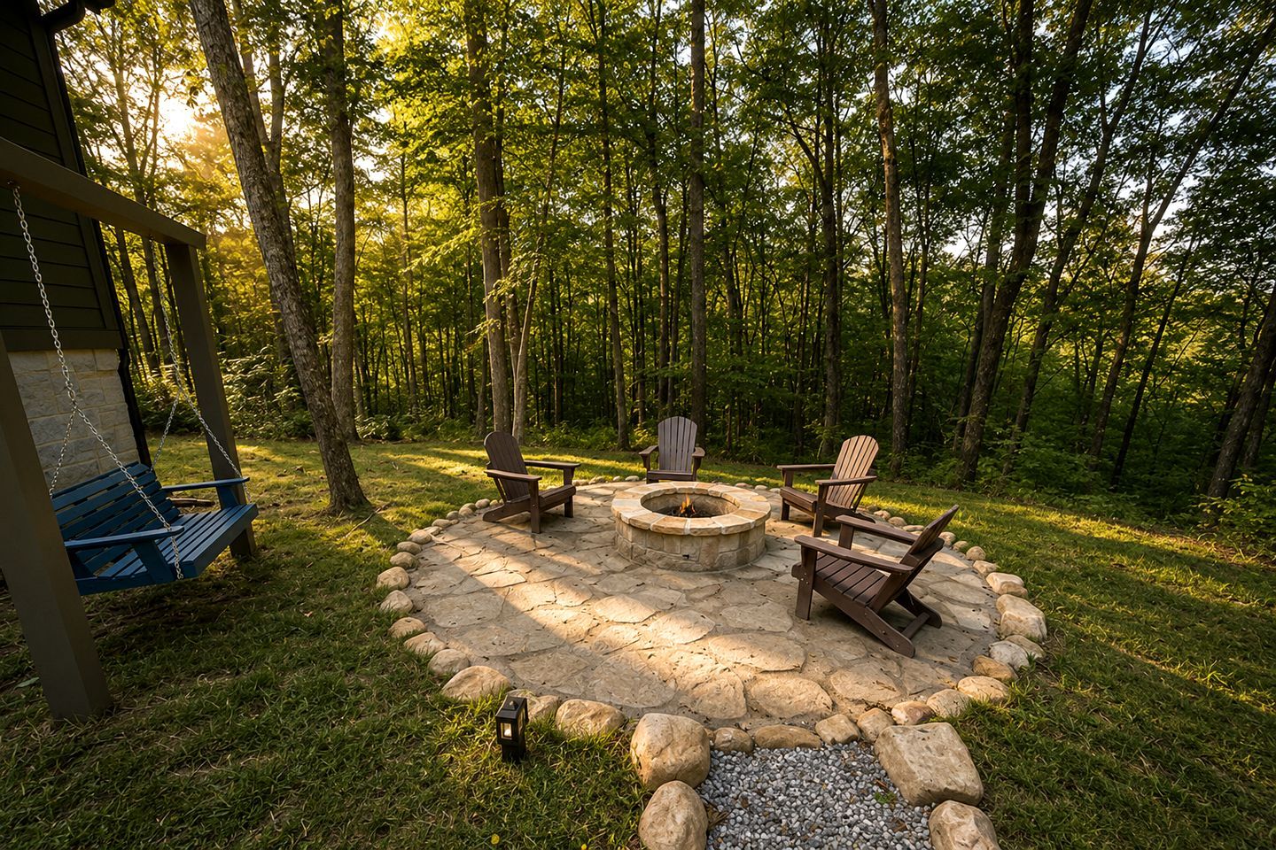 A circular stone fire pit surrounded by Adirondack chairs, with a swing set and a lantern on the ground.