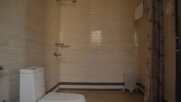 Et badeværelse med toilet, brusebad og toiletpapirholder.