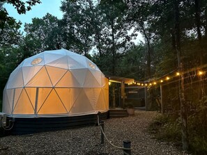 A geodesic dome structure with a gravel path, surrounded by trees and a wooden building with a sign.