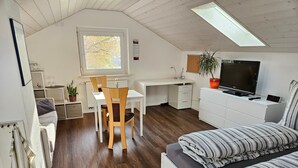 Une chambre à coucher avec un lit, un bureau, une chaise, une télévision et une fenêtre.
