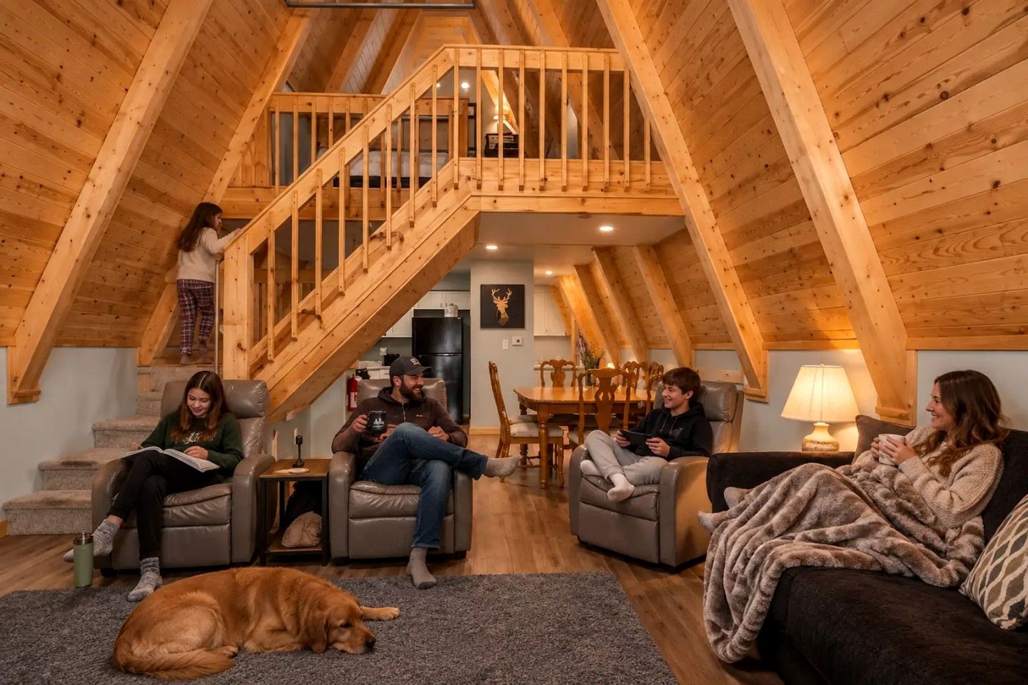 A cozy room with a wooden staircase, a dog, and four people sitting on sofas.