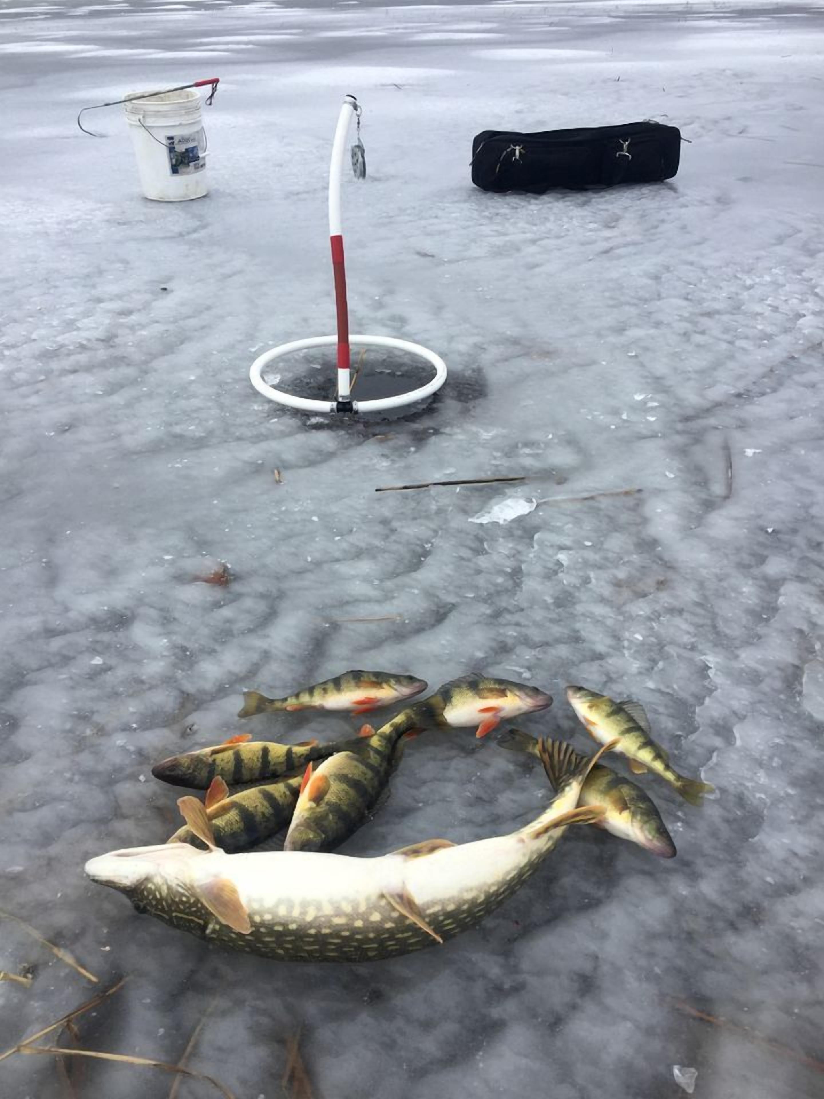 En frusen yta med ett fiskespö, en hink och en väska.