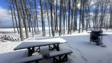 A snow-covered picnic table with benches, a grill, and leafless trees in the background.