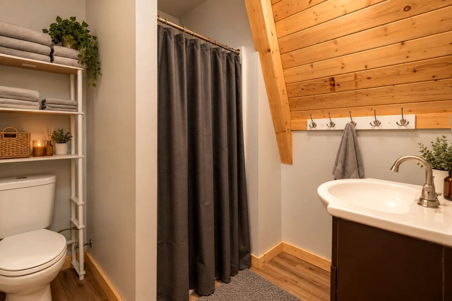 A bathroom with a toilet, a sink, a shower curtain, shelves with towels, and a wooden ceiling.