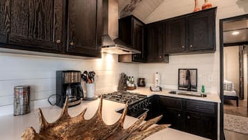 Une cuisine moderne avec des meubles de couleur bois foncé, une cuisinière à gaz et un évier en acier inoxydable.