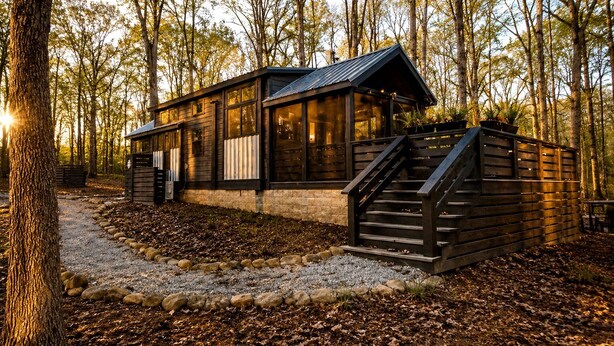 A cabin with a wooden exterior, a stone foundation, and a staircase leading to the entrance. - Chic Tiny Cabin with Jacuzzi, Screened Porch and Grill in Tennessee (Tracy City)