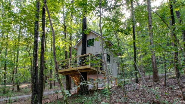 Une cabane perchée dans un arbre, dotée d’une terrasse en bois et d’une structure à un seul étage, le tout entouré d’une forêt.