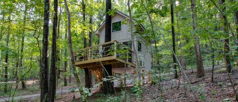 A treehouse with a wooden deck and a single-story structure surrounded by a forest.