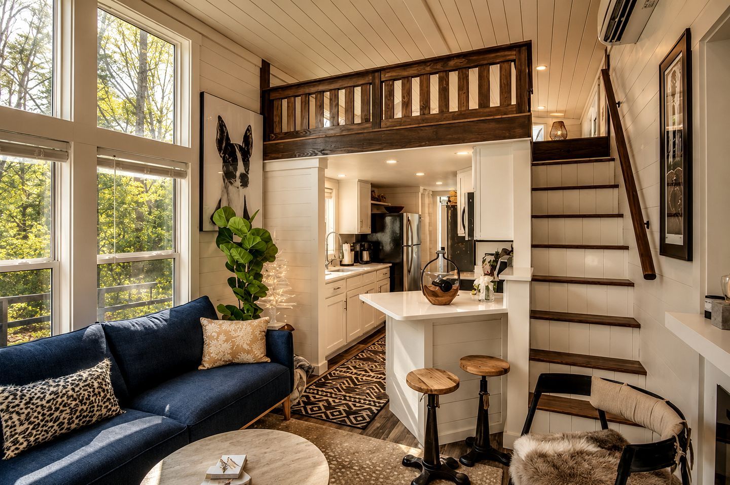 A modern interior with a blue sofa, a dining area with stools, a kitchen, and a staircase.
