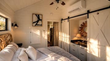 A bedroom with a bed, a ceiling fan, a wall-mounted light, a door, and a mirror.