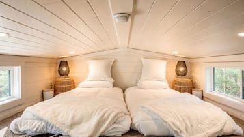 Un dormitorio con dos camas, una ventana y una lámpara en el techo.