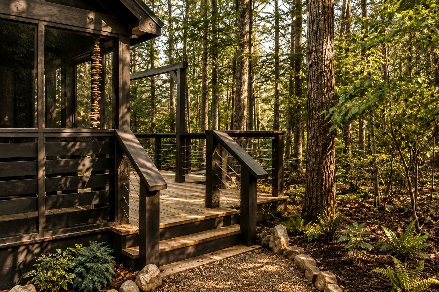 A wooden deck with a staircase leading to a building surrounded by a forest.