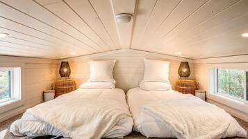 Un dormitorio con dos camas, una ventana y una lámpara en el techo.