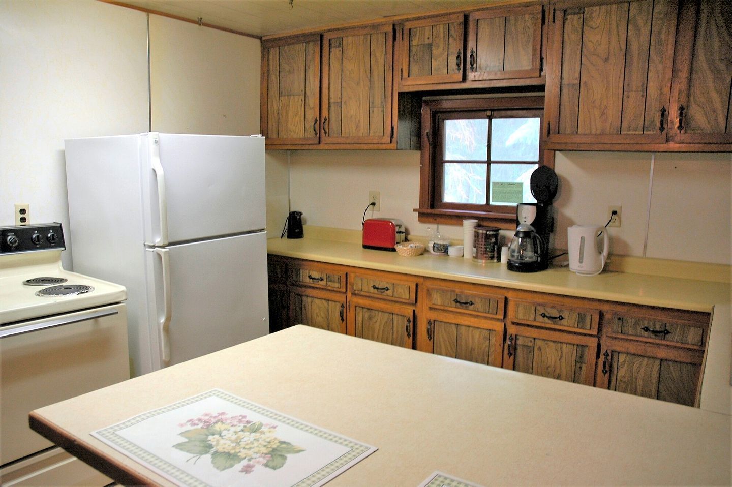 Coffee/tea maker, fridge, microwave, oven