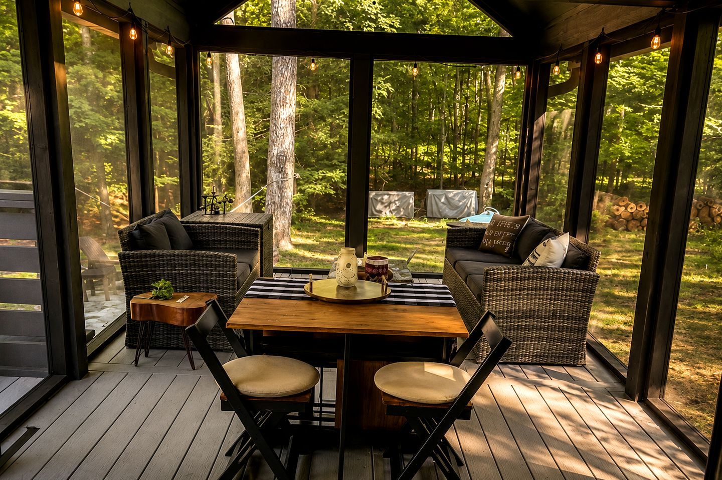 A covered outdoor seating area with wicker furniture, a wooden table, and a view of the forest.