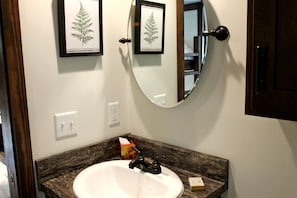 A bathroom with a white sink, a mirror, framed fern artwork, and a granite countertop.