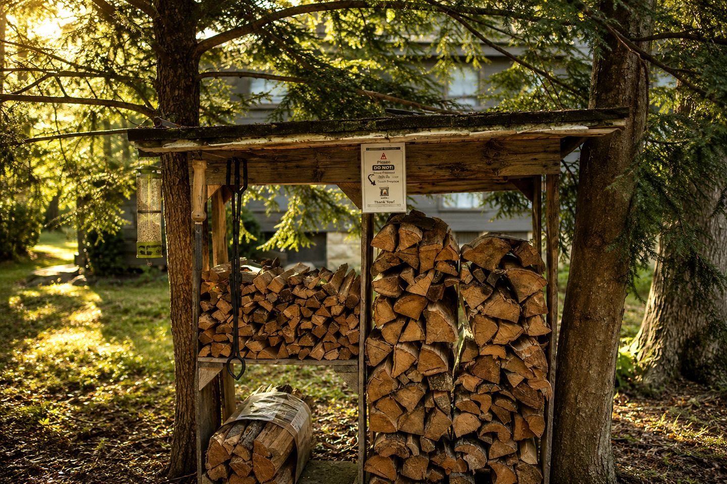 Une structure en bois, agrémentée d’une enseigne, entourée d’arbres et bordée d’une pile de troncs d’arbres.
