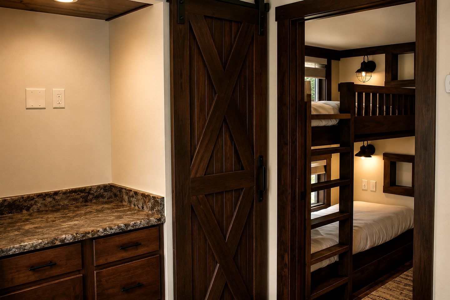 A room with a wooden bunk bed, a marble countertop, and a wooden door.