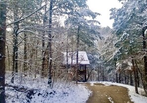 A snow-covered forest with a wooden cabin structure. - Group 4) The Hideaway (Eureka Springs)