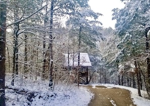 Ein verschneiter Wald mit einer Holzhütte.