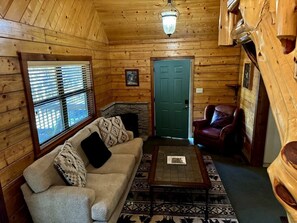 TV, fireplace - Rural Quaint Cabin with Large Private Deck and Hammock in Arkansas (Eureka Springs)
