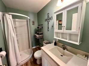 A bathroom with a shower, toilet, sink, and towel rack. - Chic Cabin with Lake Views from the Deck in South Dakota (Hot Springs)