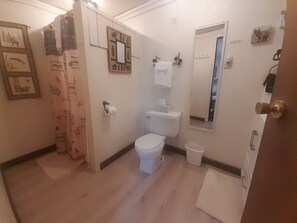 Ein Badezimmer mit Toilette, Duschvorhang, Handtuchhalter und einem kleinen Mülleimer.