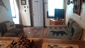 Een knusse woonkamer met een bank, een televisie, een salontafel met een dennenappel als decoratie en een vloerkleed met dierenprint.