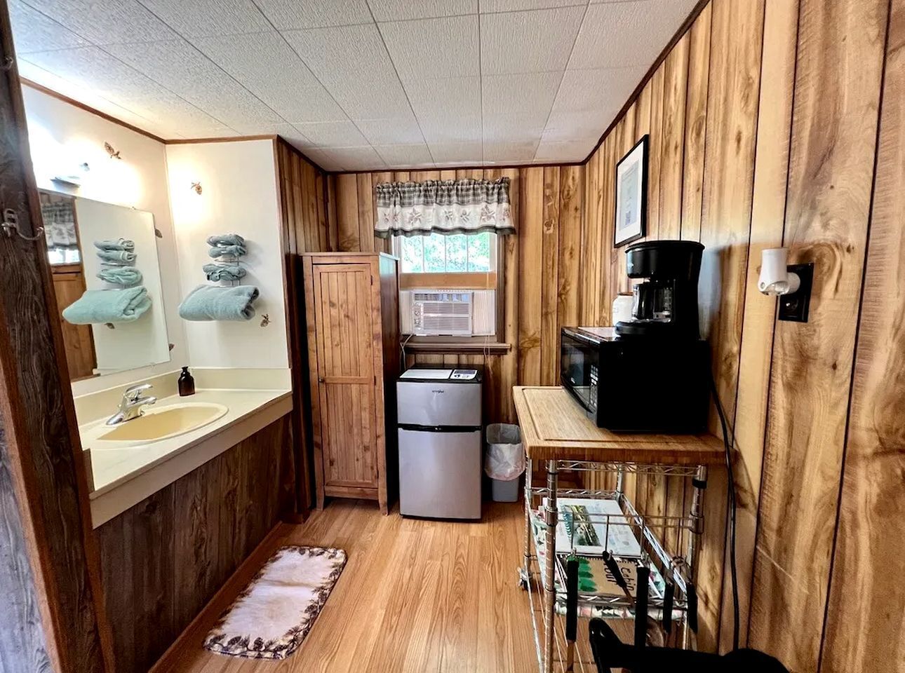 Fridge, microwave, cookware/dishes/utensils